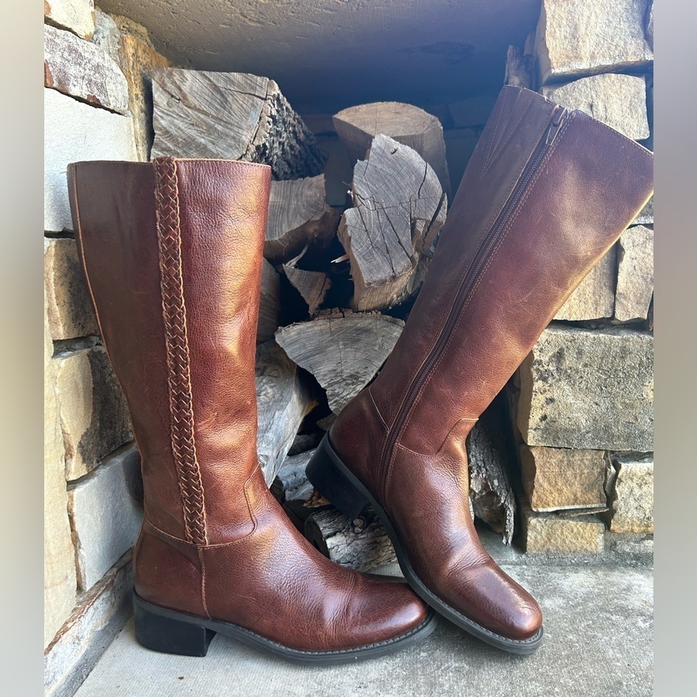 Nicole Vintage Brown Leather Tall Riding Western Boots Braided Detail Sz-6.5m E